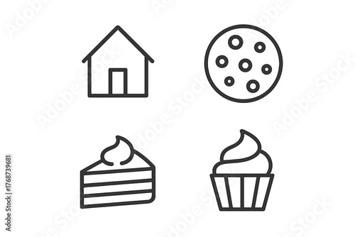 Simple black line icons: house, pizza, cake slice, cupcake on white background