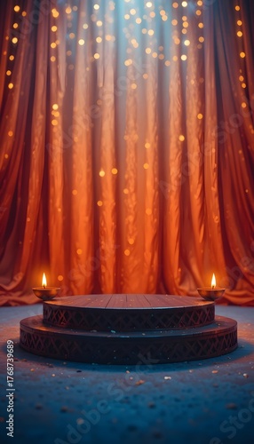 ethereal stage with orange curtains, illuminated by spotlights, dual burning diyas, festive indian cultural event platform