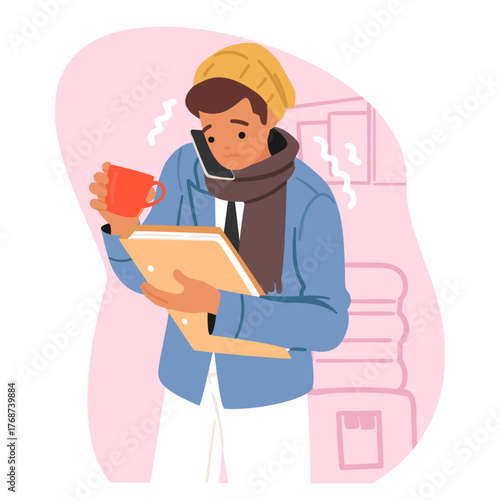 Young guy trying to warm up in absence of heating at home and doing work or studying cartoon scene