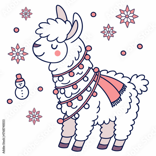 An adorable Llama with a Bashful vibe, wrapped in fairy lights, and a Winter Wonderland Winter theme – SVG style