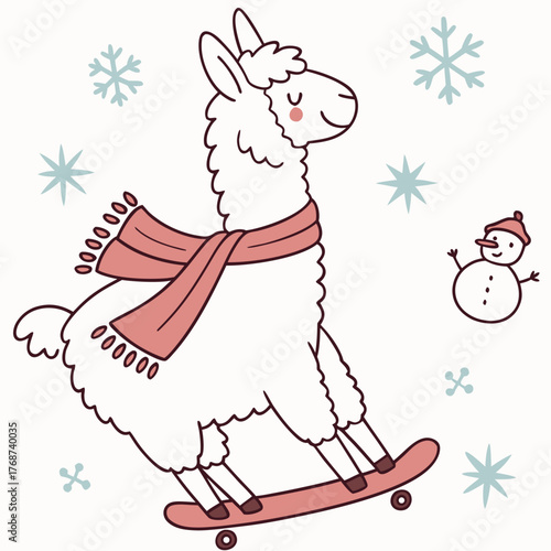 Joyful Llama with riding a skateboard, set in a charming Winter theme – Winter Wonderland color vector art