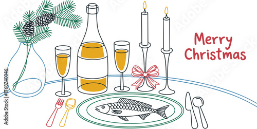 Christmas Dinner Setting With Champagne Fish Candles And Pine Branches Keywords: christmas, dinner, setting, table, champagne, bottle, glasses