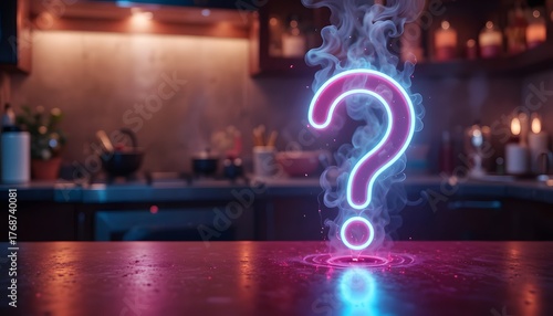 glowing pink and blue neon question mark on kitchen counter, ethereal smoke, domestic curiosity, home mystery concept