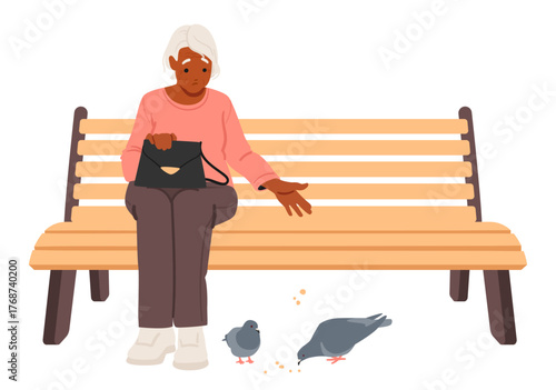 Sad retired woman cartoon character sitting on bench feeding pigeon birds feeling loneliness