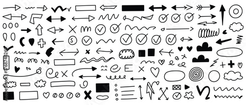Large Collection of Hand- Drawn Arrows, Checkmarks, Hearts, Clouds, and Geometric Shapes hand drawn doodle
