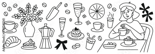 Line Art Illustration of Coffee Shop Scene with Woman and Pastries cafe drinking coffee