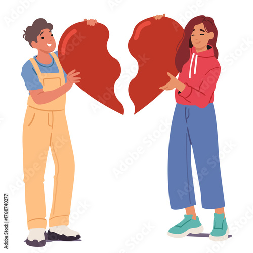 Happy teenagers cartoon boy and girl characters connecting broken heart pieces healing fist love