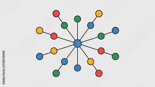 Abstract radial network diagram with a central blue node connected to multiple colorful outer nodes representing connections and data flow