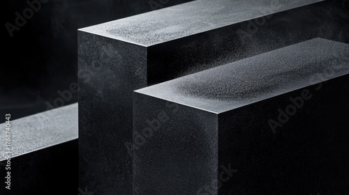 Black geometric shapes create an abstract composition with mist in a dark space highlighting contrasts and textures