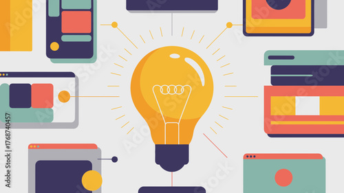 Bright idea concept illustration with glowing lightbulb connected to digital interfaces and screens