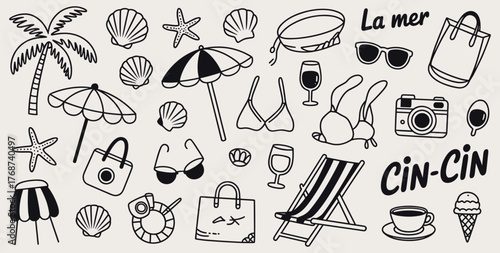 Summer Beach Vacation Doodles With Palm Tree Umbrella Sunglasses And Drinks Keywords: summer, beach, vacation, holiday, travel, sea, ocean, palm