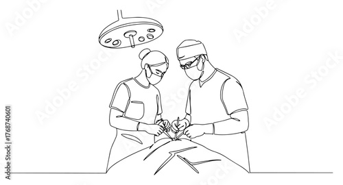 Surgical operation, doctors performing procedure under lamp, continuous line medical scene