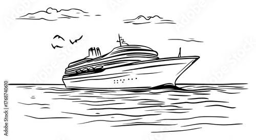 Luxury cruise ship at sea with gulls and clouds, minimalist line seascape for travel and vacation