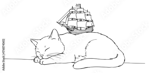 Sleeping cat with sailing ship dream, whimsical continuous line drawing, cute surreal imagination scene