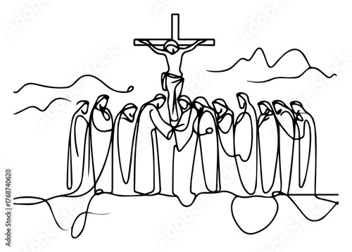 Crucifixion scene, Jesus on cross with gathered apostles, expressive one‑line sacred drawing