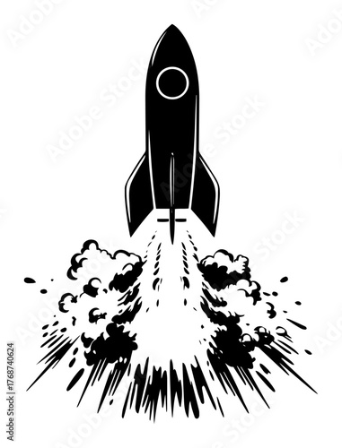 Rocket launch with smoke trail, retro spacecraft blasting off, dynamic astronomy exploration graphic