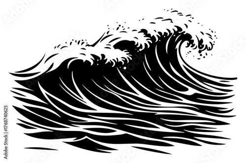 Powerful ocean wave crest, stylized surf splash with foam, energetic sea graphic for sports and surfing