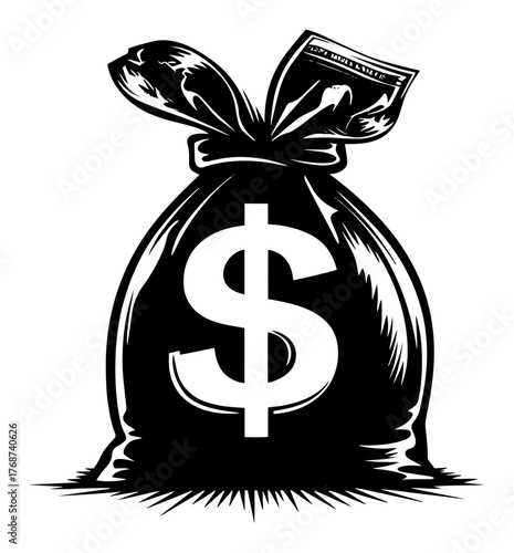 Money bag with dollar symbol, bold finance icon representing cash, savings and profit