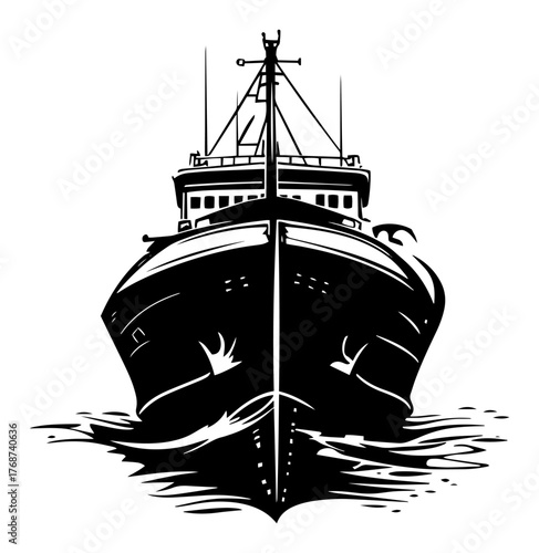 Ocean liner bow view, large cruise ship front silhouette cutting water, maritime transport icon