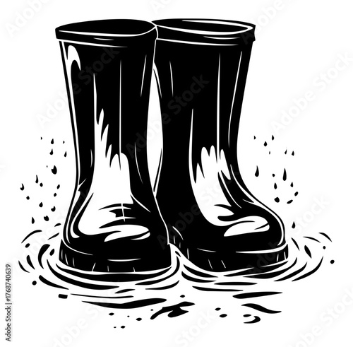 Pair of rubber rain boots standing in puddle, waterproof footwear, wet weather and gardening theme