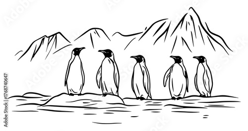 Penguins standing on Antarctic ice with mountains, minimalist polar wildlife line drawing