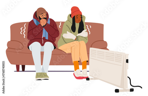 Man and woman couple shivering from low temperature at home feeling frozen due to lack of heating