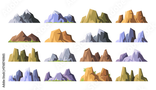 Cartoon mountains set with rocks, boulders, mount ridges and hills scenic landscape elements