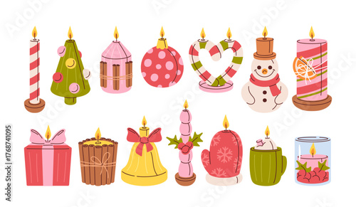 Christmas candles glowing with warm holiday light and festive decoration isolated hand drawn set