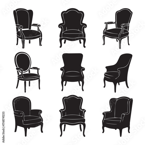 A collection of nine distinct armchair silhouettes, each showcasing unique designs and styles, ranging from classic wingback to ornate vintage, isolated on white background