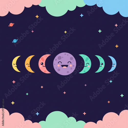 Cute Moon Phases Cycle Illustration with Smiling Kawaii Celestial Characters, Colorful Crescent Moons, and Stars on a Dark Sky Background