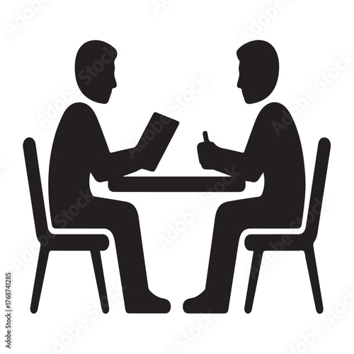 A black and white illustration depicts two individuals engaged in a meeting, seated at a table, one holding a document, isolated on white background, suggesting a professional or business setting