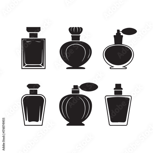 A collection of six perfume bottle silhouettes isolated on white background, showcasing various shapes and designs, perfect for beauty, fragrance, and cosmetic themes in minimalist style