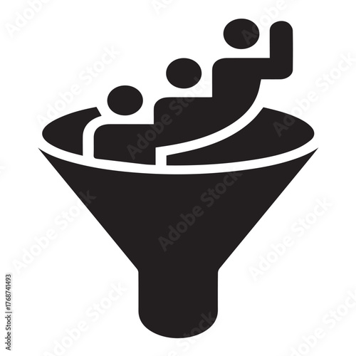A black funnel illustration isolated on white background, depicting people climbing up, representing business growth, success, and the process of moving up in a company or organization