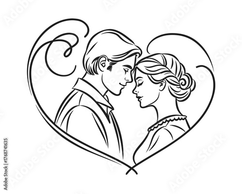 Elegant Black and White Line Art Illustration of a Romantic Couple in a Heart Shaped Frame Symbolizing Love and Commitment for Wedding Invitations
