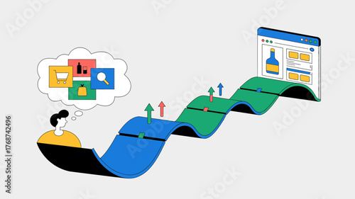 Person thinking about online shopping and e commerce growth represented by a wavy path with upward arrows and a website interface