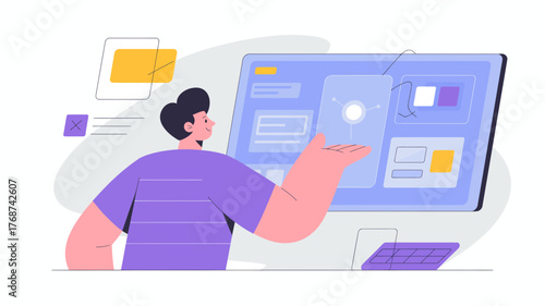 Man interacting with a digital interface on a large screen showcasing data visualization and user experience design concepts