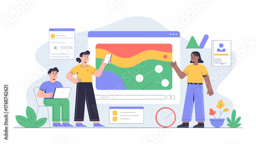 Diverse team collaborating on a digital project discussing data visualization and user interface design on a large screen