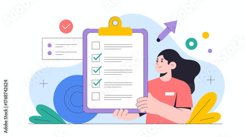 Young woman holding a clipboard with a checklist and completed tasks representing successful goal achievement and task management