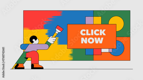 Creative artist painting a vibrant abstract mural with the words click now in bold white letters on an orange rectangle