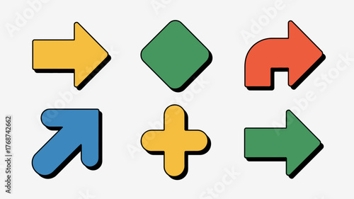 Collection of colorful rounded geometric shapes including arrows and a plus sign against a white background