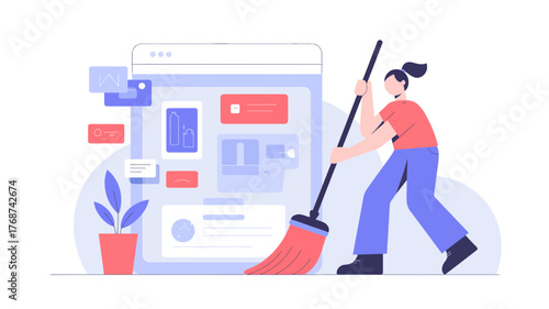 Woman cleaning digital interface with broom representing website maintenance and data organization for a tidy online presence