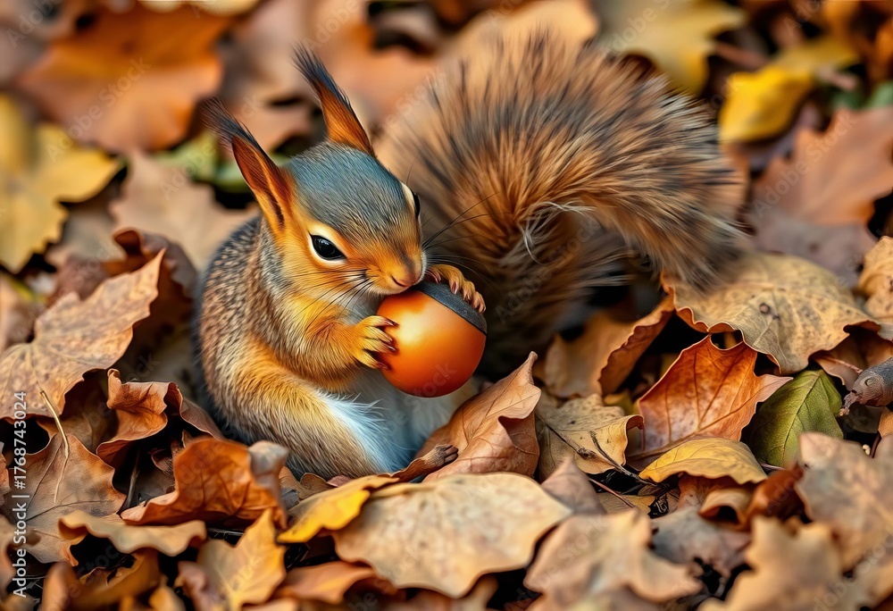 Fototapeta premium A tiny squirrel clutching an acorn, nestled in fallen leaves, autumn, forest animal