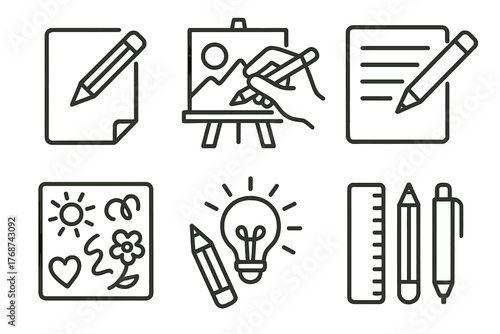 Creative tools and art icons: pencil, canvas, lightbulb, ruler