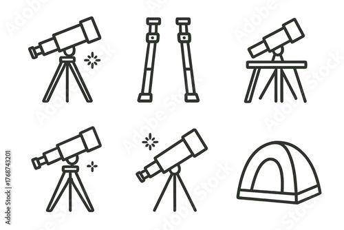 Set of telescope and camping line icons for stargazing enthusiasts