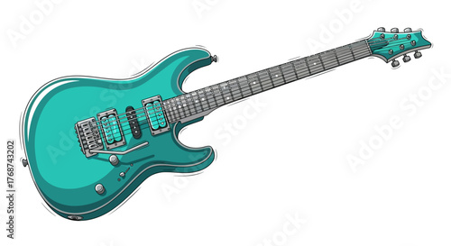 A vibrant teal electric guitar rests against a white background, ready for a performance.