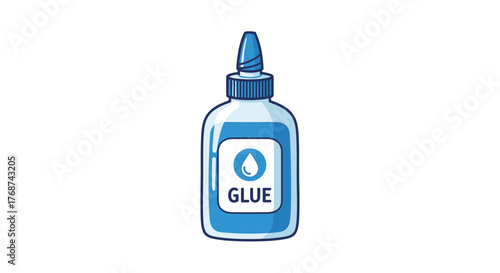 A bottle of glue stands isolated on a white background with a drop icon on its label.