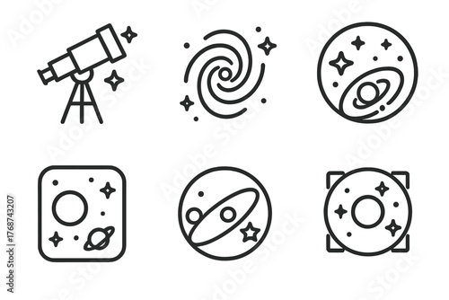 Astronomy icons set featuring telescope, galaxy, solar system, planets, and stars
