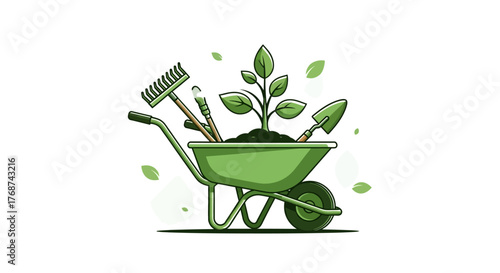 A wheelbarrow filled with gardening tools and a growing plant symbolizes growth and cultivation.