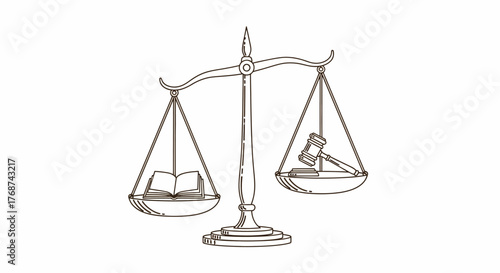 Scales of justice balance a book and a gavel, representing law and knowledge.