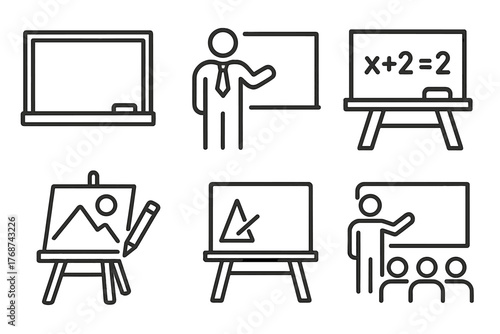 Educational icon set: blackboards, presentations, math, and art concepts